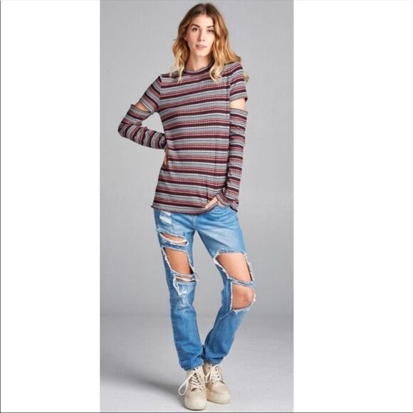 MULTI-COLORED KNIT SWEATER WINE RED TOP - Picture 1 of 8